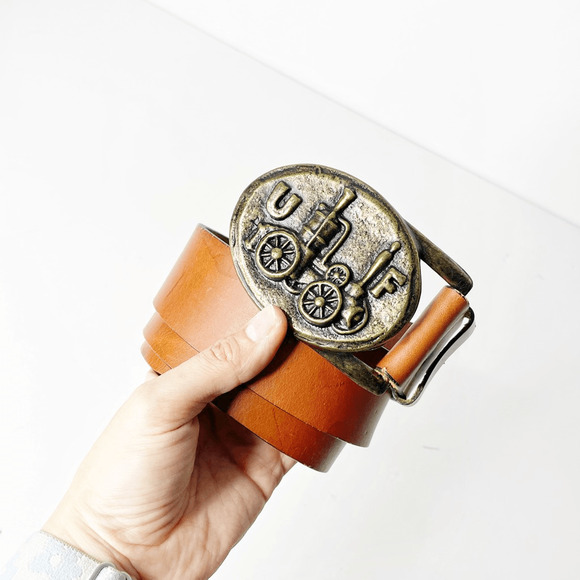 VTG 70s Old Virginia steam Fire Engine UF Brass HICKOK brown leather M 34-36 - Picture 1 of 3